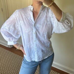 Anthropologie White Floral Embroidered Button Down Blouse
